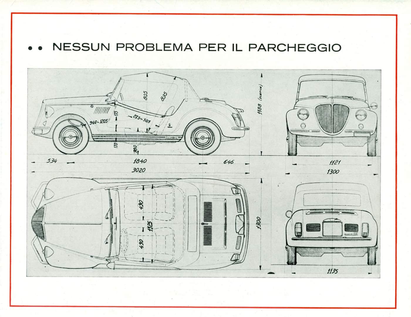Original Vignale Gamine dimensions drawing, Nessun problema per il parcheggio