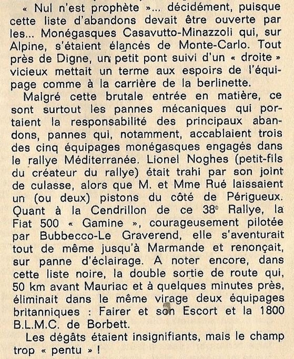 Scan of a contemporary French rally report describing the retirements, including the Fiat 500 Gamine giving up at Marmande with a lighting failure