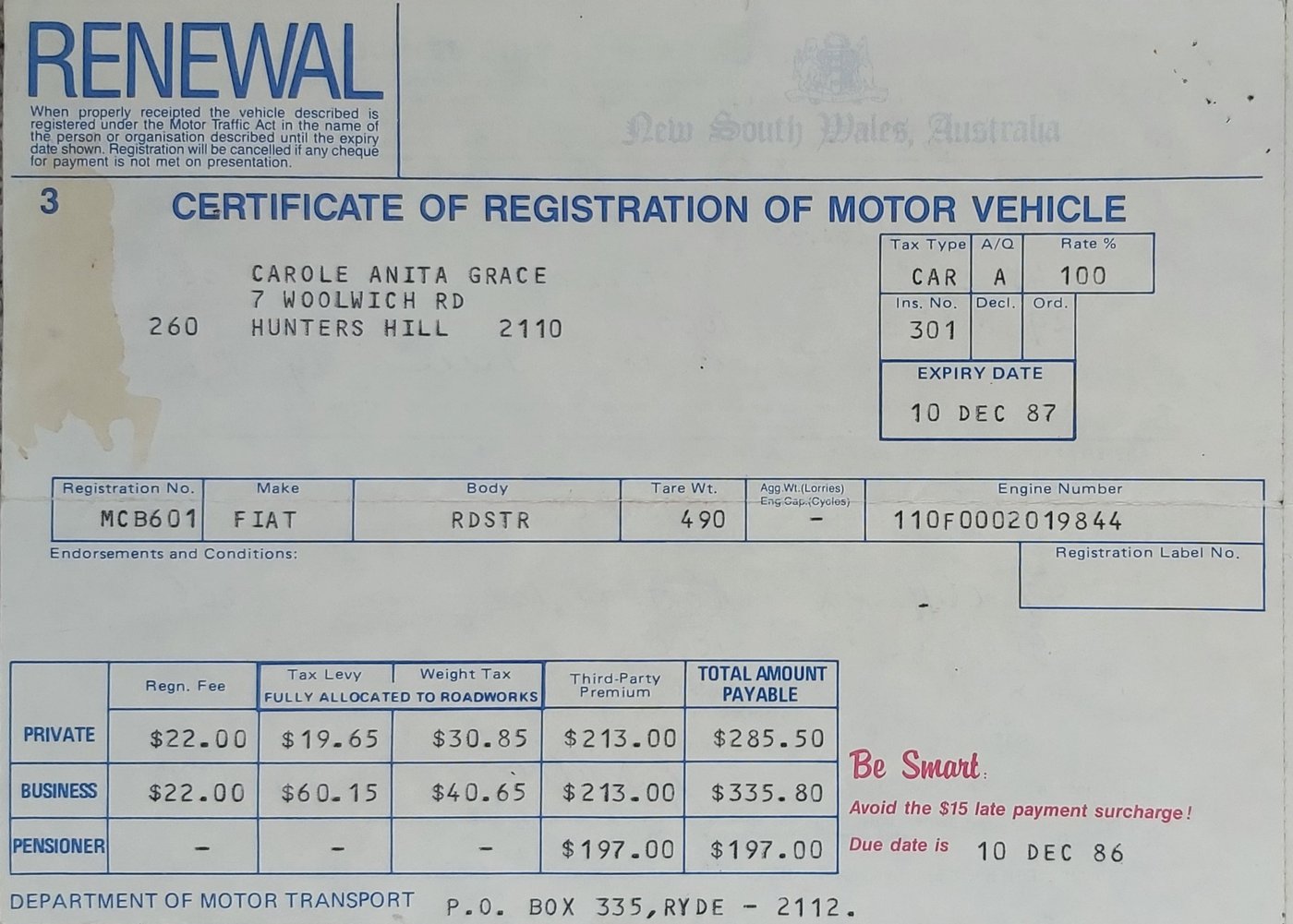 The Australian registration certificate, last renewed in 1987