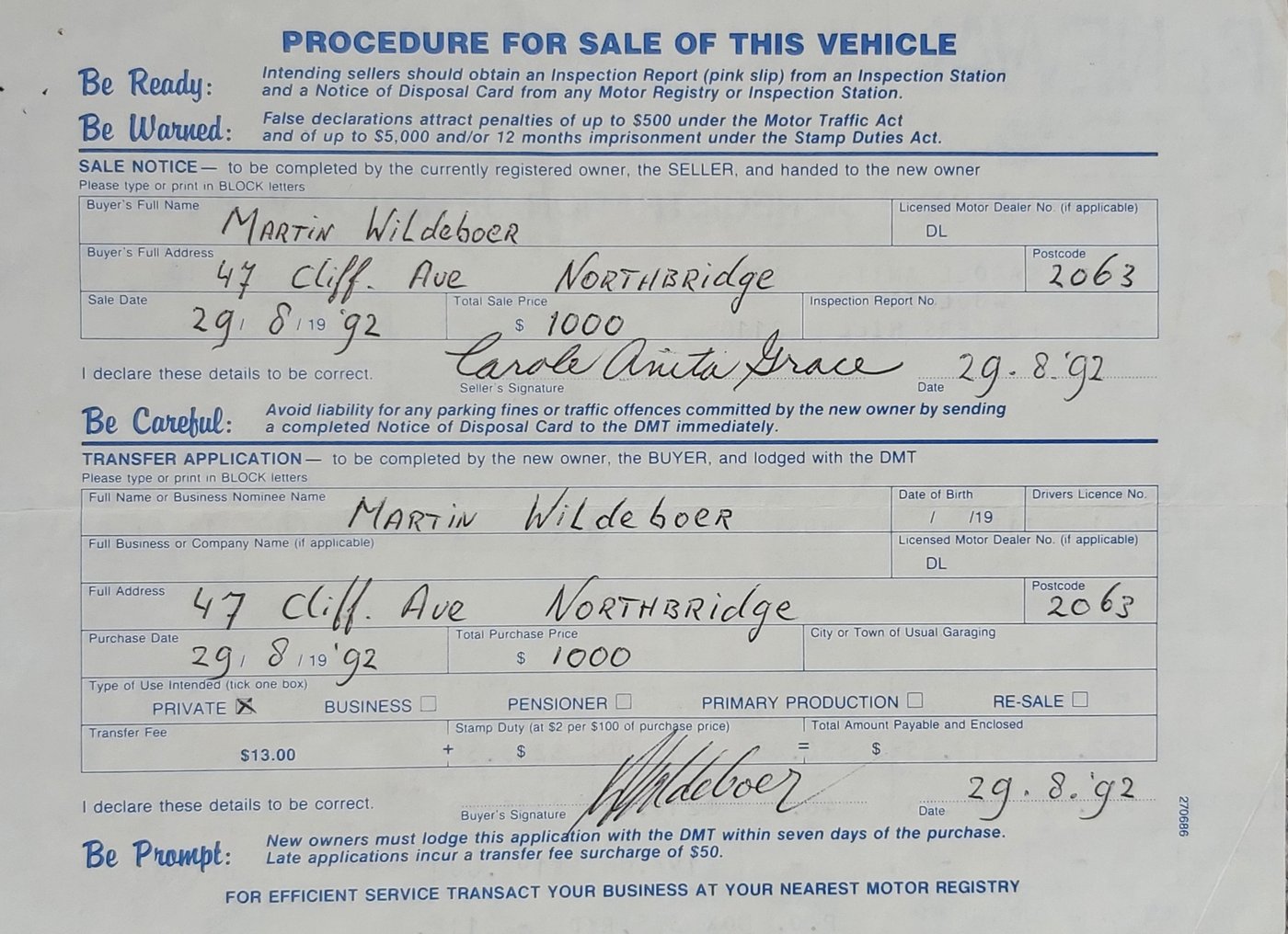 The bill of sale, signed on 29 August 1992